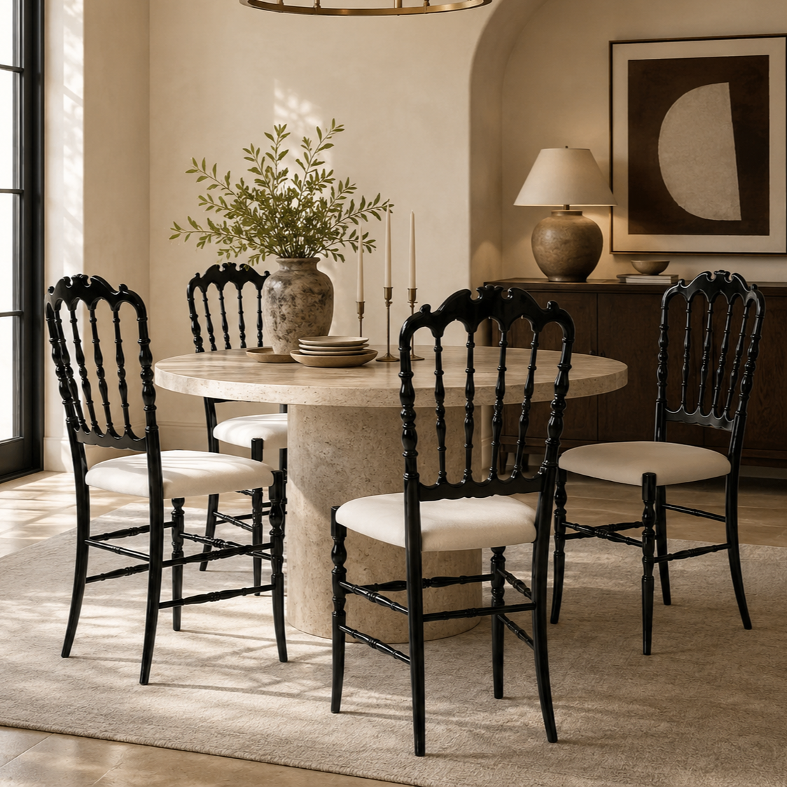 Black lacquered Napoleon-style dining chairs with ornate spindle backs and cream upholstered seats surrounding a round travertine pedestal dining table.
