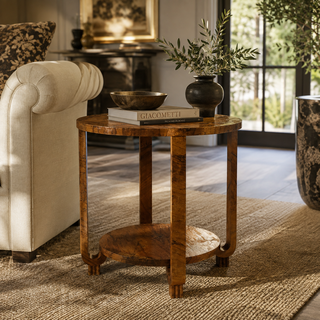 Round two-tier Art Deco side table in warm burled walnut wood with curved legs, lower shelf, and scrolled feet, styled with books, bowl, and botanical vase.