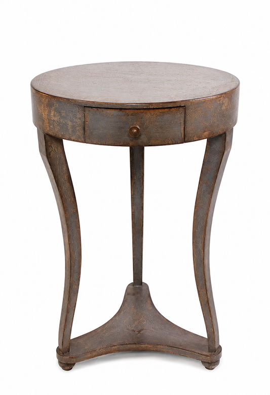 Round occasional side table with distressed bronze-brown finish, single drawer with round knob, elegant curved tripod legs connected by triangular stretcher base with bun feet.