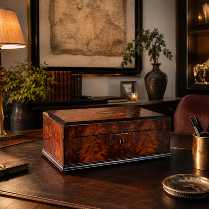 Antique-style burled walnut wooden box with dark ebonized trim, keyhole lock, and rich reddish-brown swirling grain pattern, displayed on a leather-topped desk