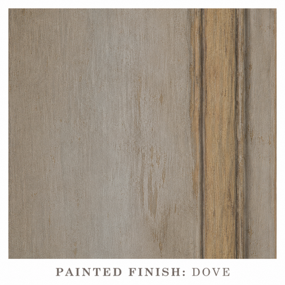 Close-up of PIO4007DV chest in Dove painted finish, featuring a distressed gray paint over wood grain with warm golden-brown trim molding detail.