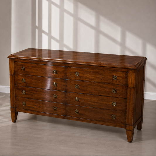 Traditional 8-drawer wooden dresser in warm brown finish with antique brass ring pulls, tapered legs, and elegant molded top edge, classic bedroom storage.