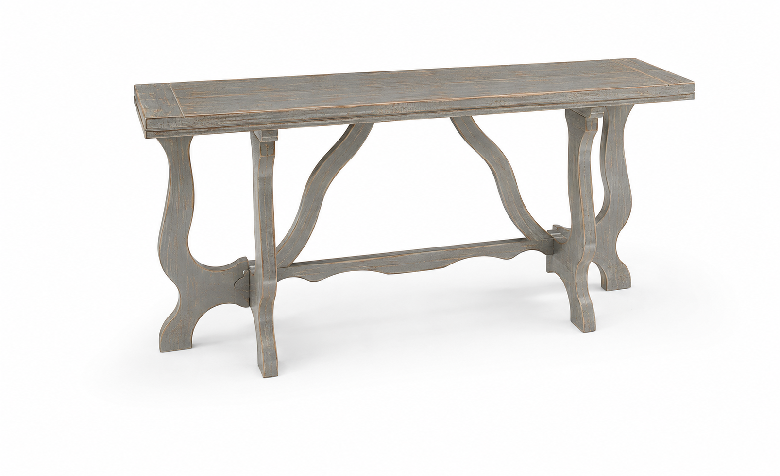 Distressed gray-blue wood console table with ornate scrolled trestle legs, decorative stretcher base, and rectangular planked top in a vintage farmhouse style.