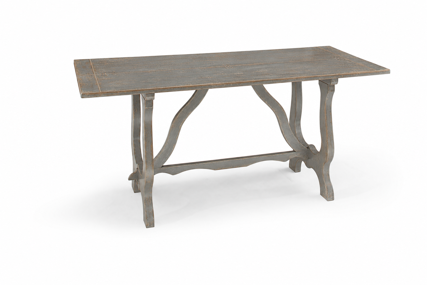 Distressed gray-blue wood console table with ornate curved trestle base, decorative scrolled legs, stretcher bar, and plank-style rectangular top with worn patina finish.