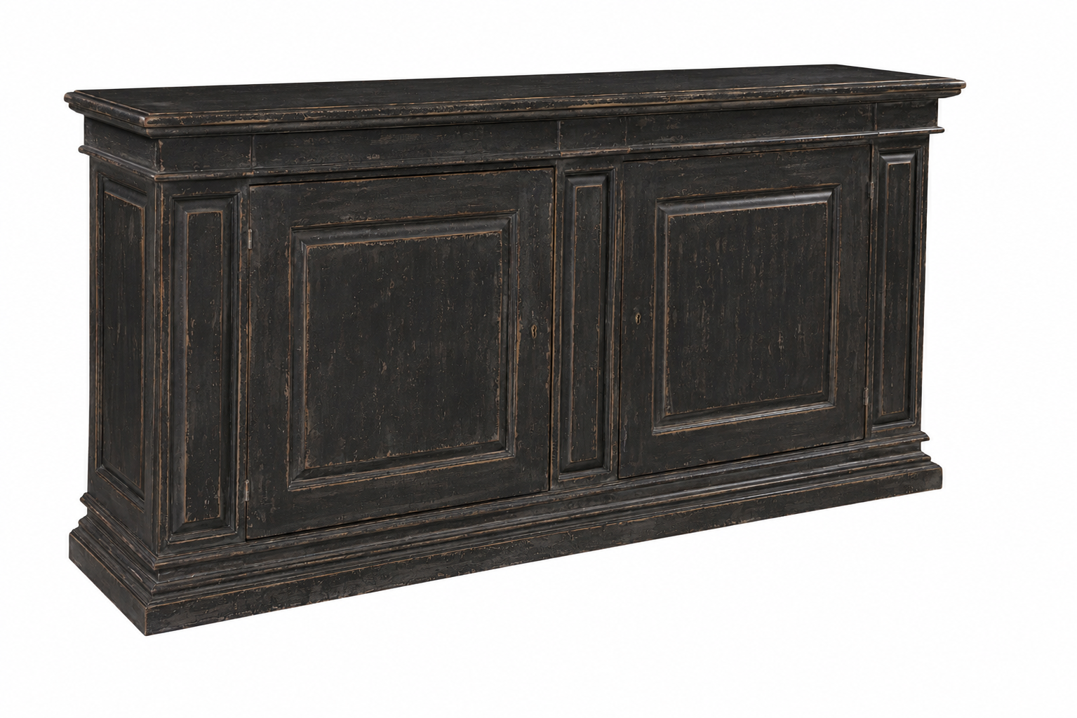 Distressed black wood sideboard with four raised panel doors, antiqued finish revealing brown undertones, classical molded base and top, rustic traditional style