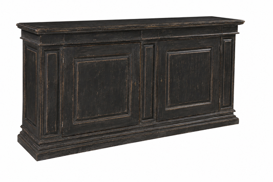 Distressed black wood sideboard with four raised panel doors, antiqued finish revealing brown undertones, classical molded base and top, rustic traditional style