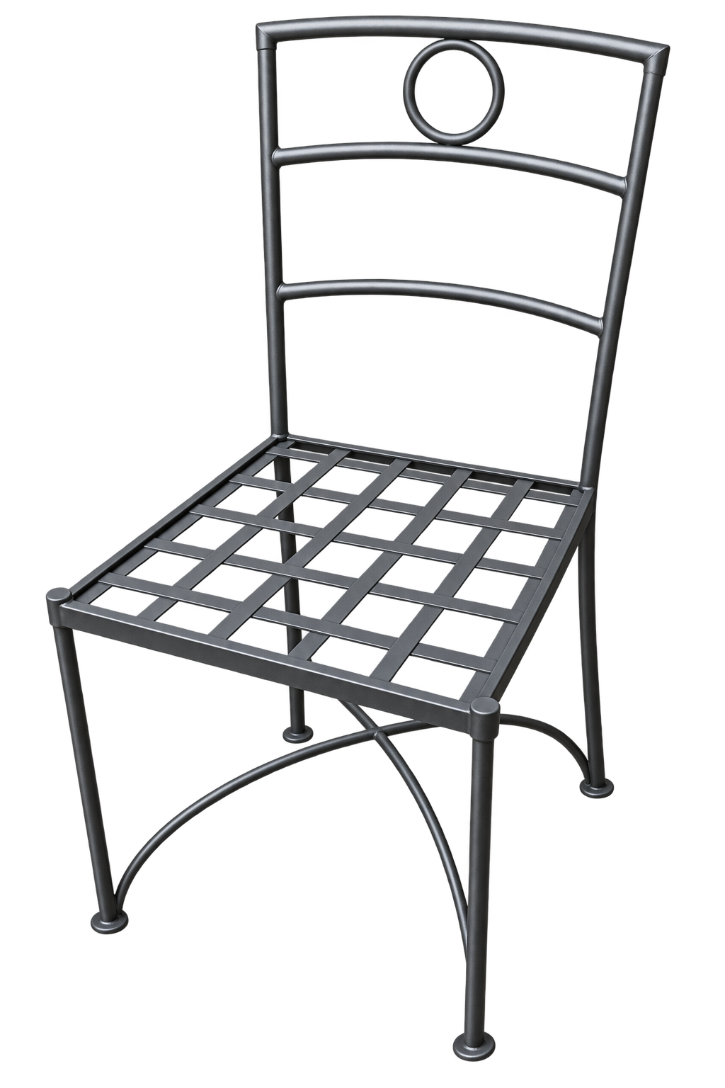 Dark graphite wrought iron side chair with lattice grid seat, curved ladder back, decorative circle medallion, and arched cross-brace legs with cap feet