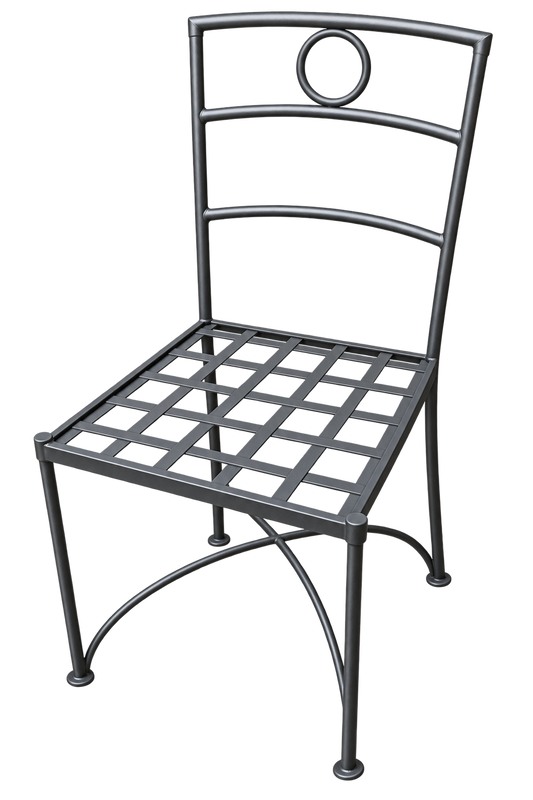 Dark graphite wrought iron side chair with lattice grid seat, curved ladder back, decorative circle medallion, and arched cross-brace legs with cap feet
