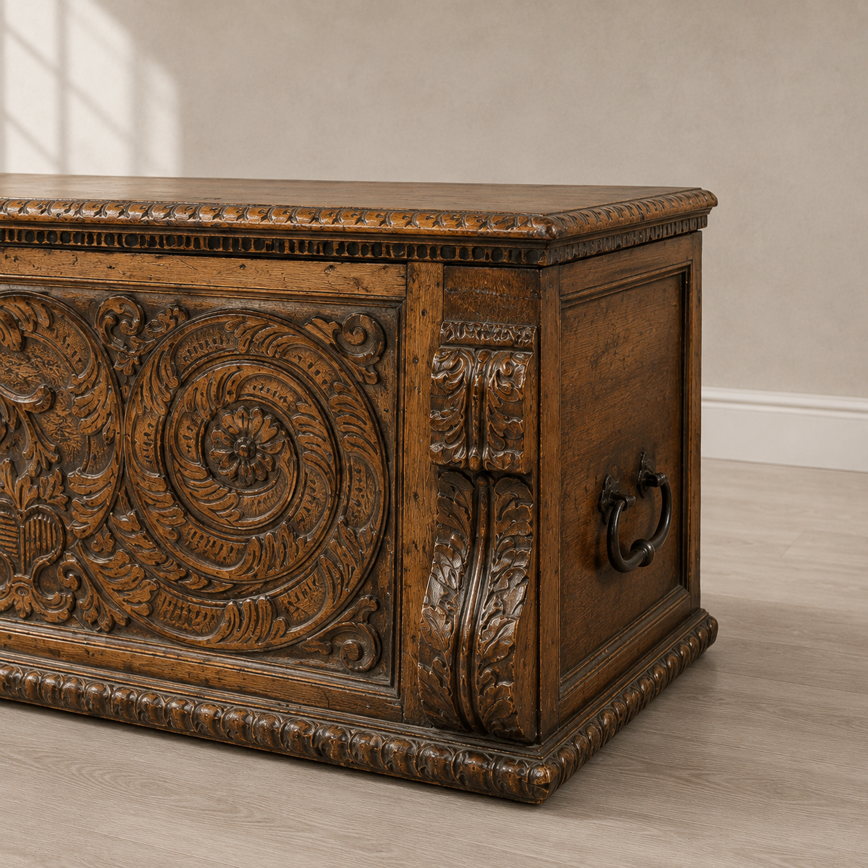 Carved rosette, pilaster, and iron handle detail on DMM2606